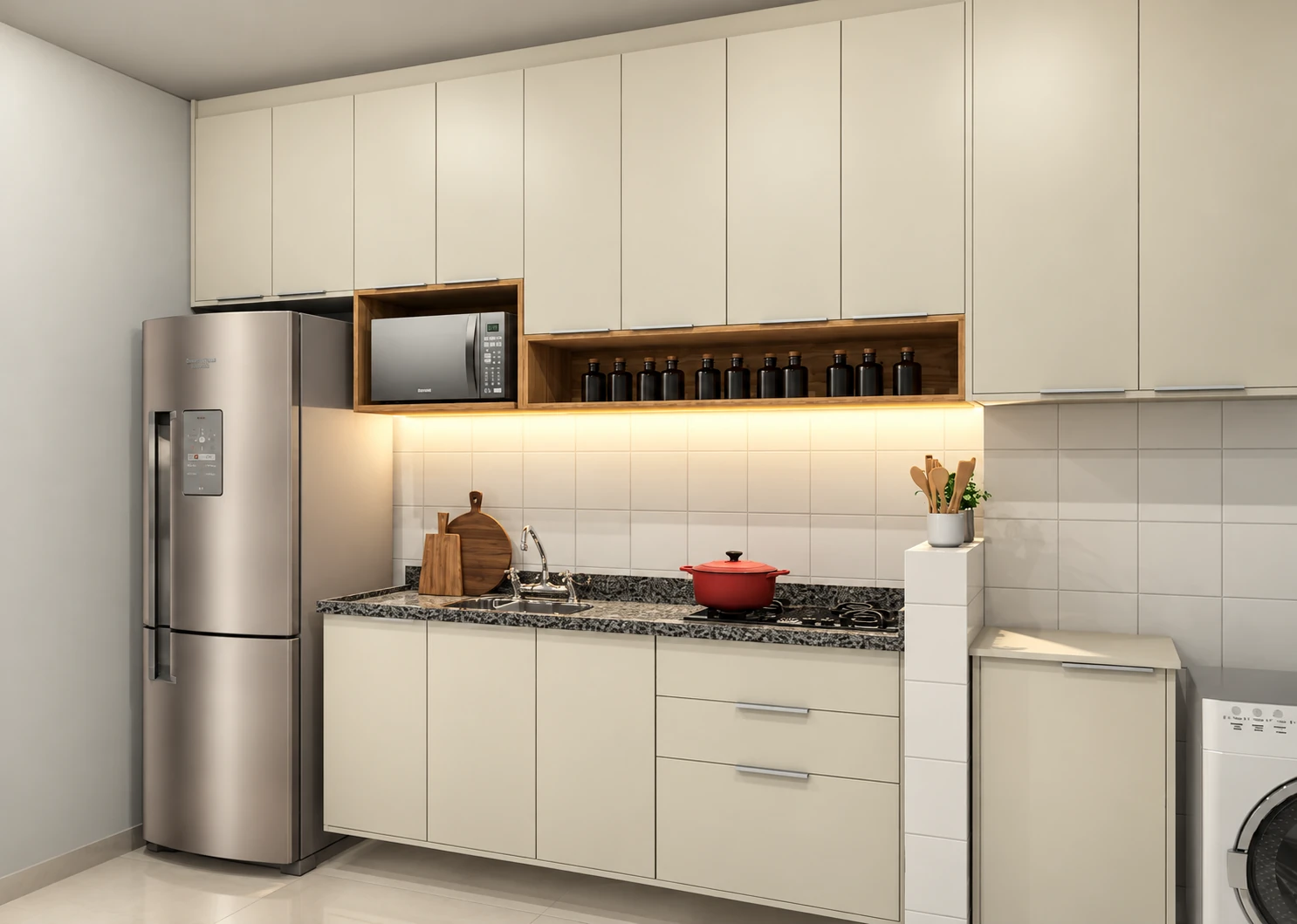 Cozinha clara com nichos amadeirados
