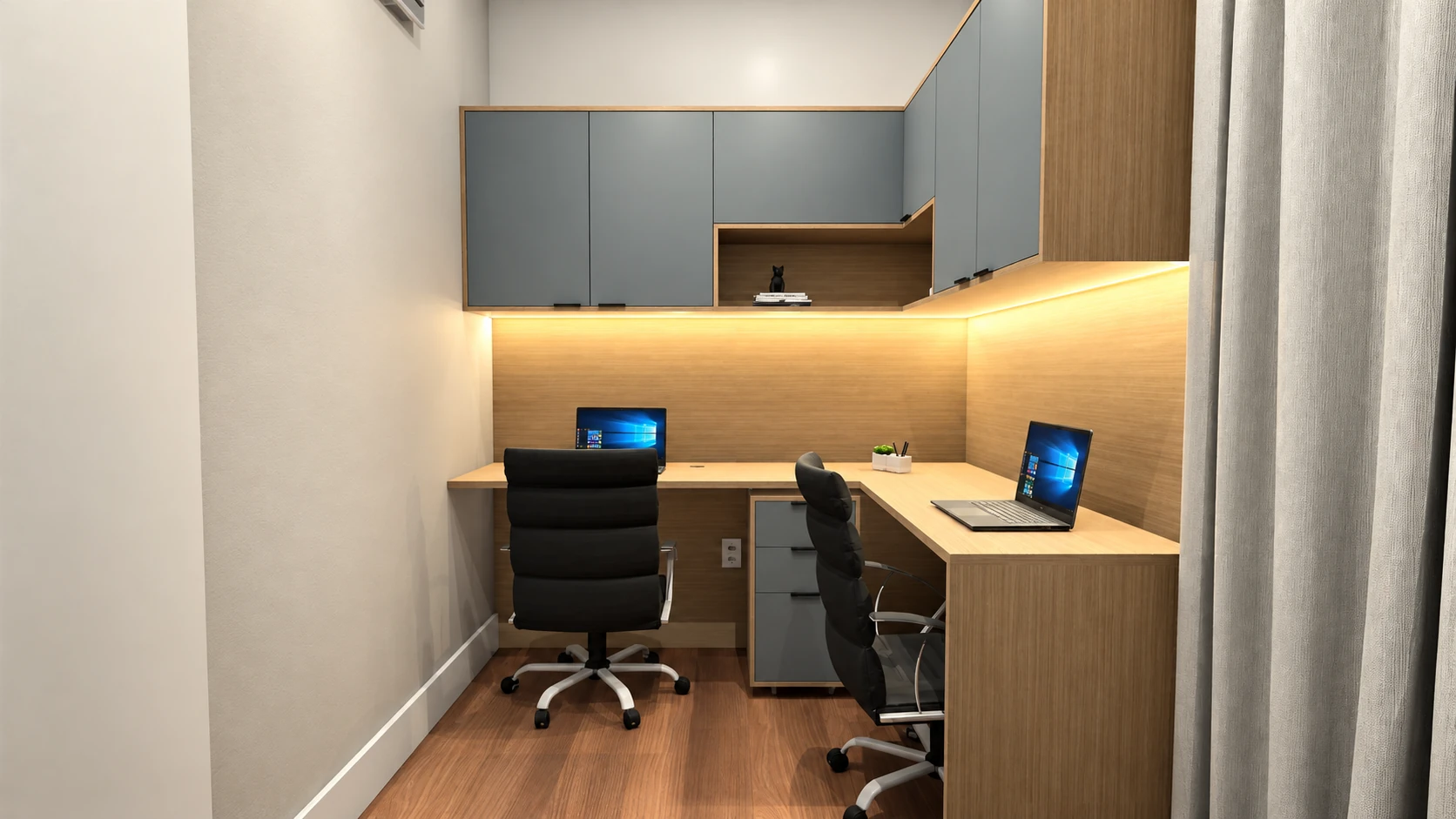 Projeto de home office com bancada em L e armários superiores